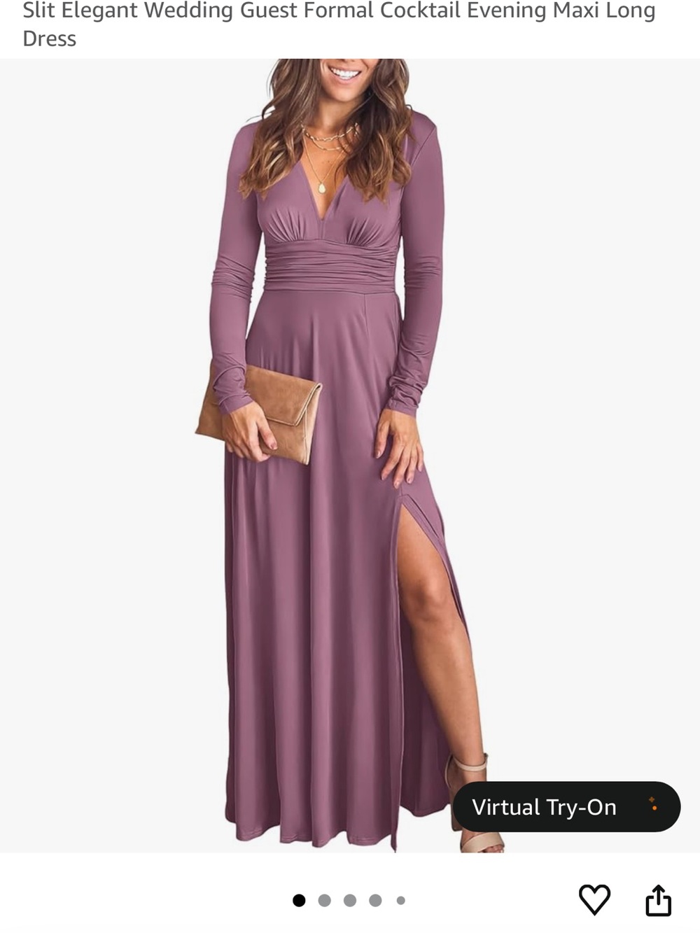 Long Sleeve V-Neck Maxi Dress with Side Slit - Dusty Mauve